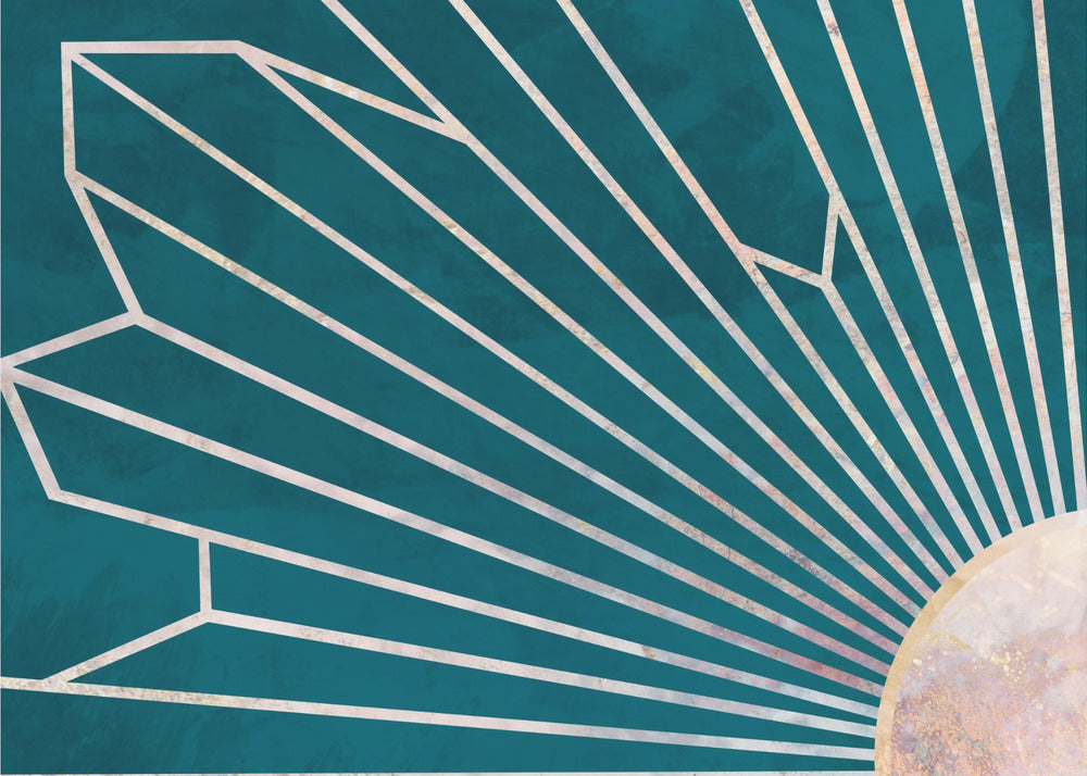 Gold geometric sun rays mural turquoise | Canvas