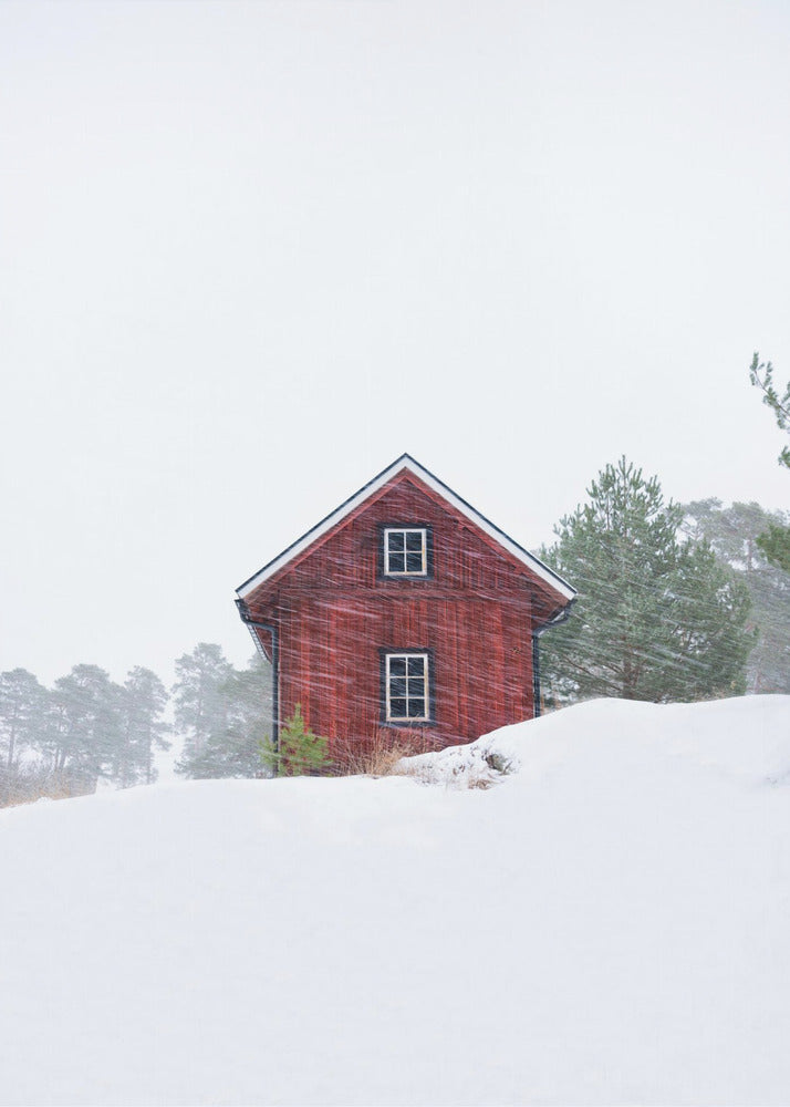 Old red house during snowstorm | Poster
