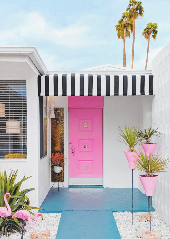 Pink Door with Yard Flamingos | Canvas