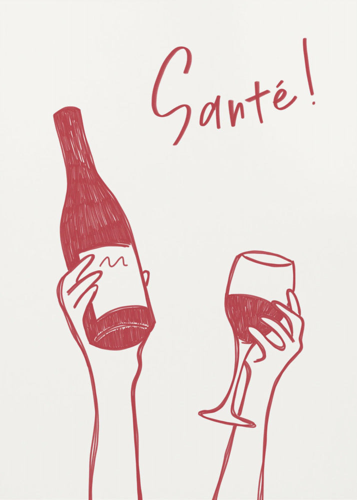 Hands holding a wine bottle and a wine glass with the text "Cheers!" in French | Canvas