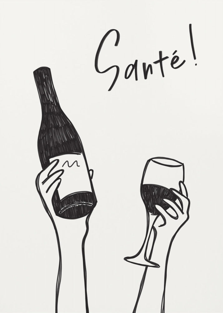 Hands holding a wine bottle and a wine glass with the text "Cheers!" in French | Canvas