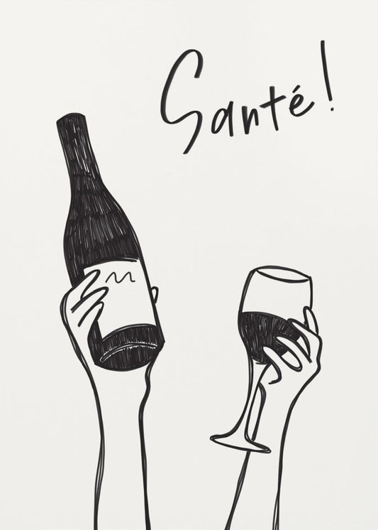 Hands holding a wine bottle and a wine glass with the text "Cheers!" in French | Canvas