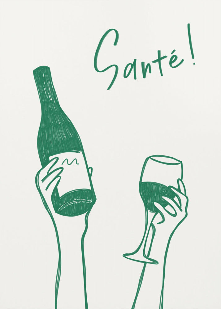 Hands holding a wine bottle and a wine glass with the text "Cheers!" in French | Canvas