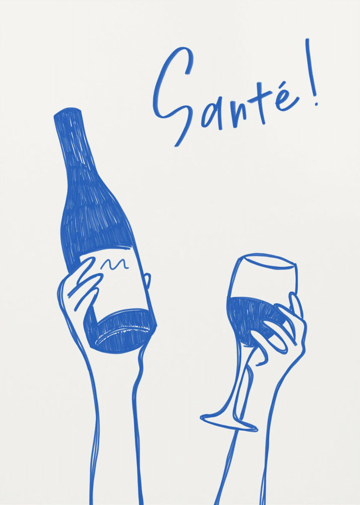 Hands holding a wine bottle and a wine glass with the text "Cheers!" in French | Canvas
