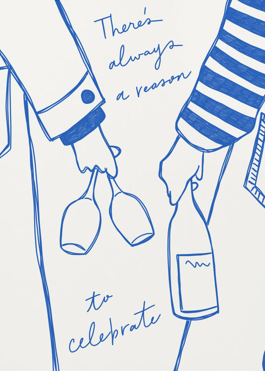 Woman holding wine bottle and wine glass (Blue) - Wine Vin Femme Bleu | Canvas