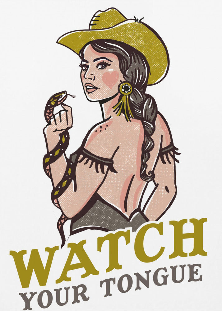 Watch Your Tongue Badass Pin-Up Cowgirl & Rattlesnake | Canvas