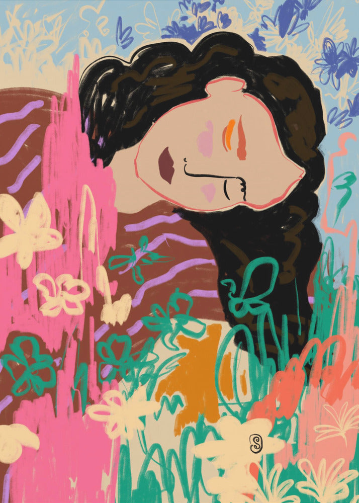 Expressive Figure Surrounded By Colorful Flowers | Poster