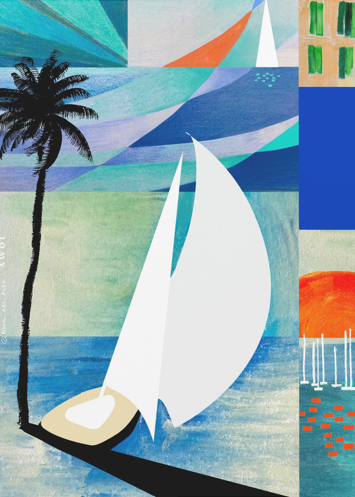 Colourful Mediterranean Travel Art Print With Sunrise And Palm Tree | Canvas