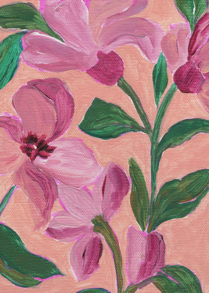 Pink Flowers With Bold Green Leaves | Canvas
