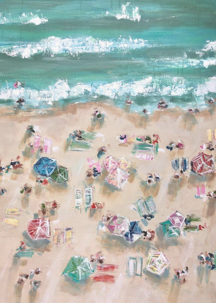 Colorful Umbrellas and Sunbathers on a Sandy Shore | Poster