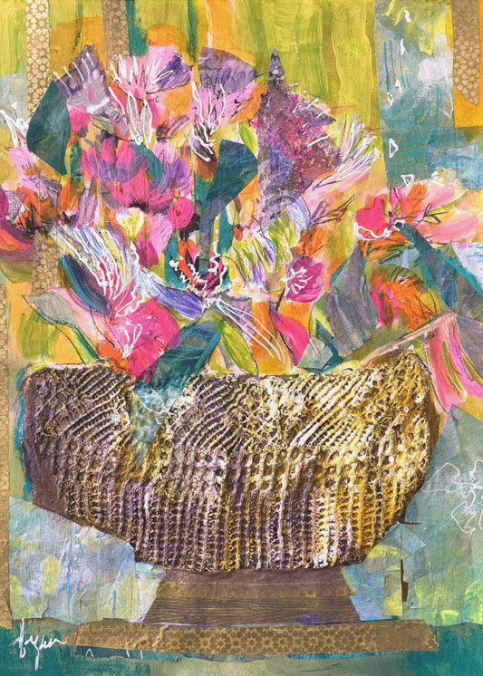 Golden Basket with Colorful Flowers | Canvas
