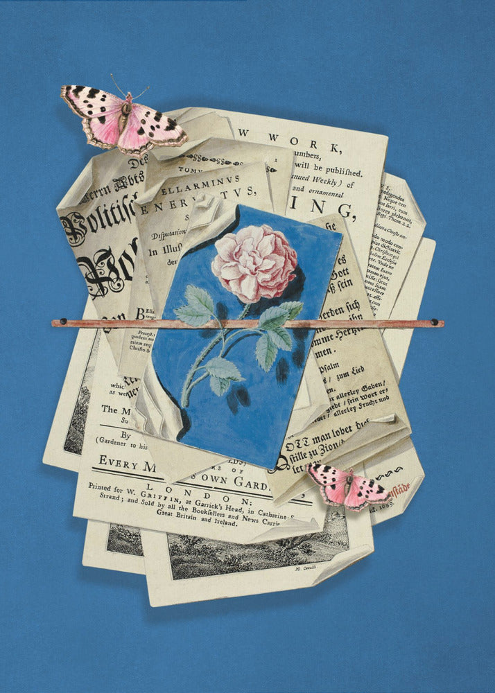 Pink Rose Surrounded By Vintage Paper | Poster