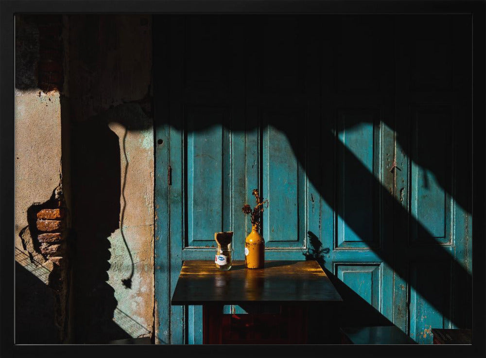Empty table at cafeteria on the street side | Poster