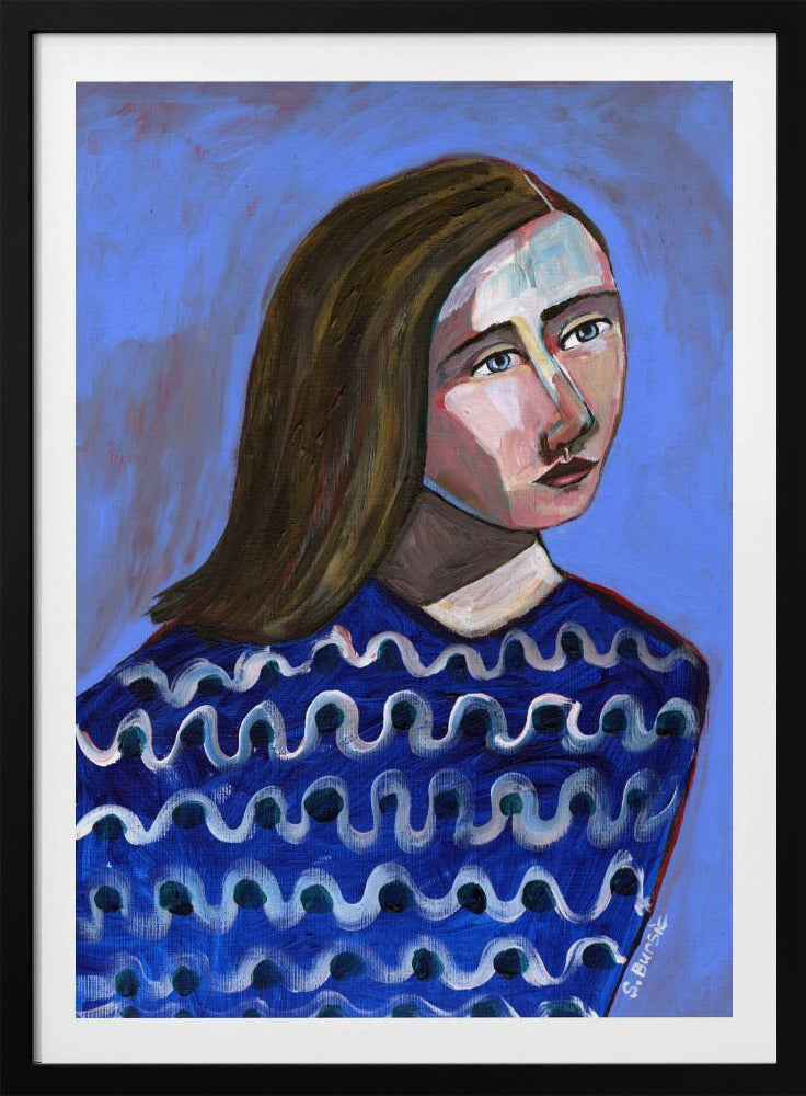 Woman in Blue Sweater Naive Portrait Figurative | Poster