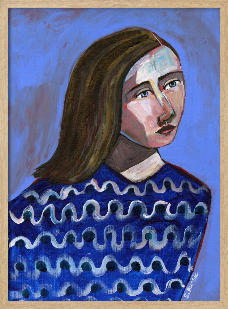Woman in Blue Sweater Naive Portrait Figurative | Poster