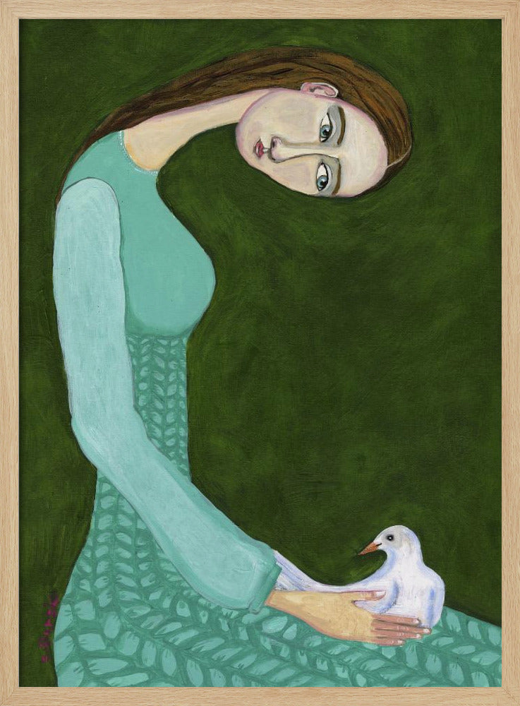 Lady sitting with white dove bird woman | Poster