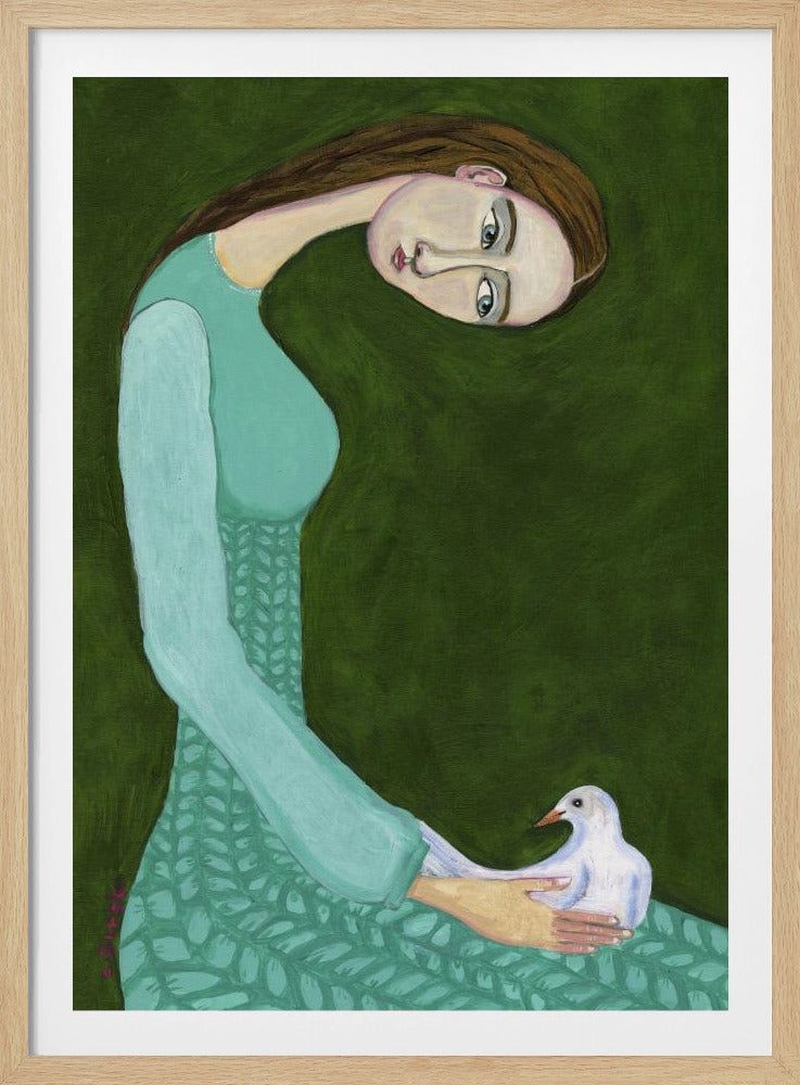 Lady sitting with white dove bird woman | Poster