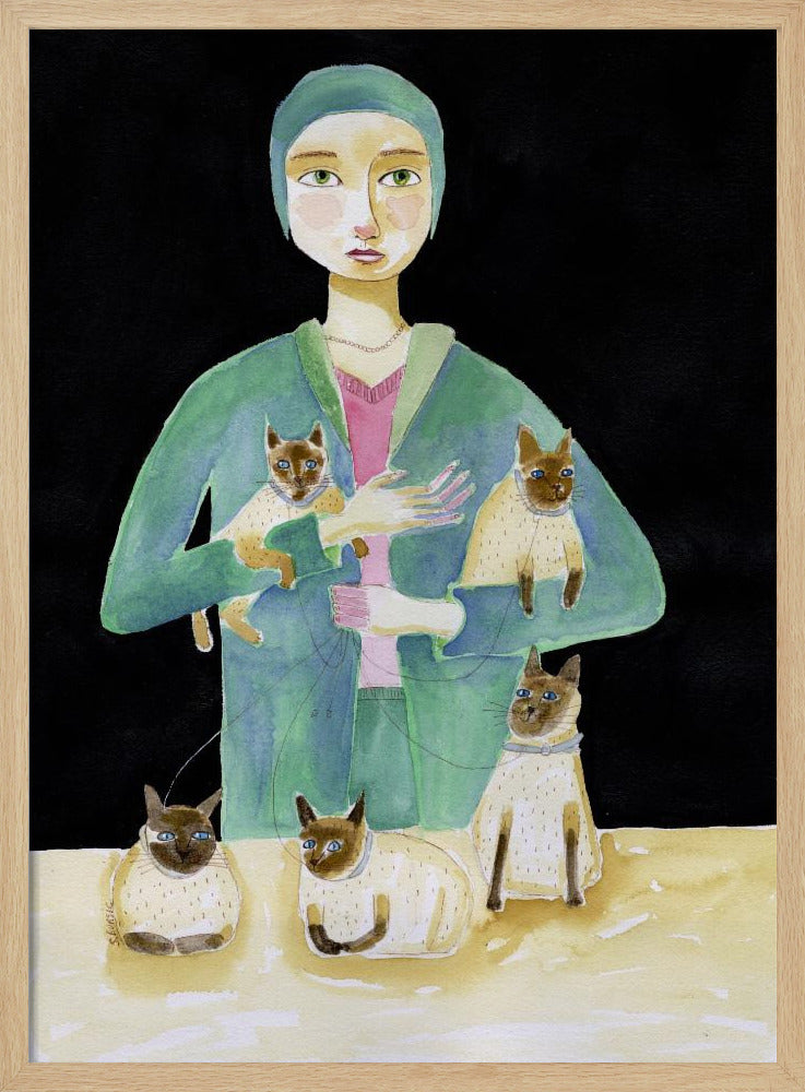 Lady with Five Siamese Cats | Poster