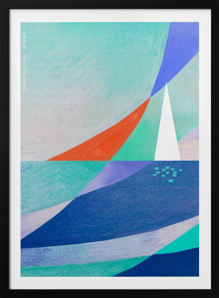 Abstract Ocean Art With Minimalist White Sailboat On The Sea | Poster