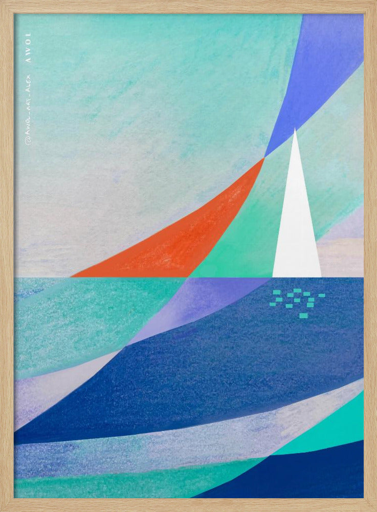 Abstract Ocean Art With Minimalist White Sailboat On The Sea | Poster