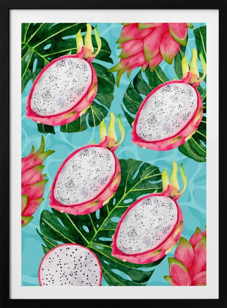 Vibrant Dragon Fruit &amp; Monstera Leaves Aesthetic Pattern - Exotic Tropical watercolor | Poster