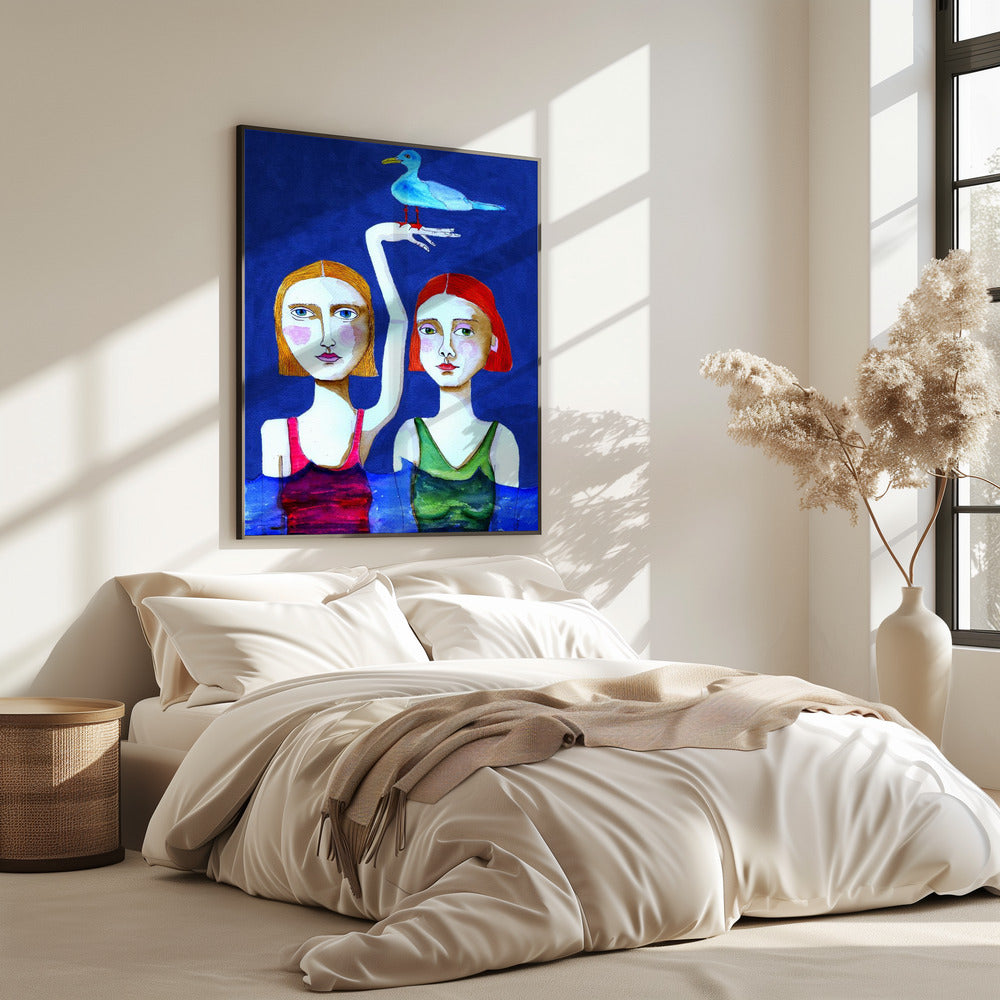 Swimming Ladies with Blue Bird | Poster