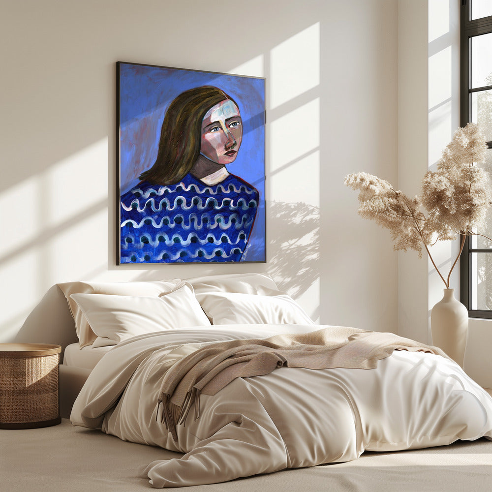 Woman in Blue Sweater Naive Portrait Figurative | Poster