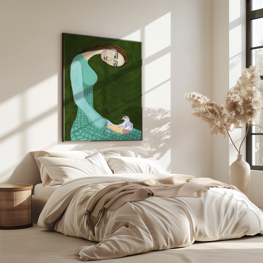 Lady sitting with white dove bird woman | Poster