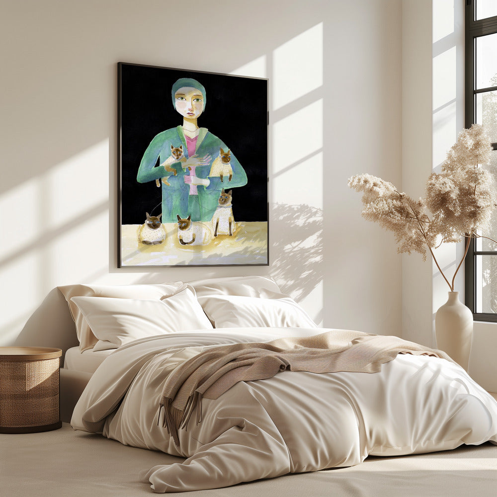 Lady with Five Siamese Cats | Poster