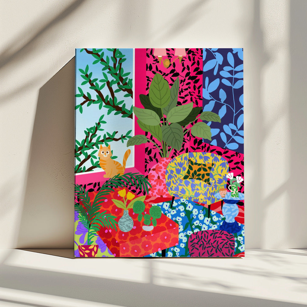 Cat in Flower Power Livingroom | Canvas
