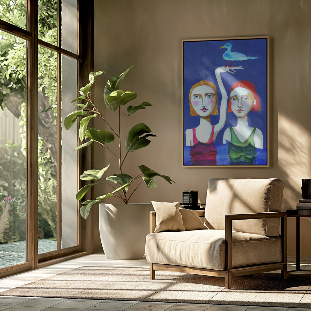 Swimming Ladies with Blue Bird | Poster