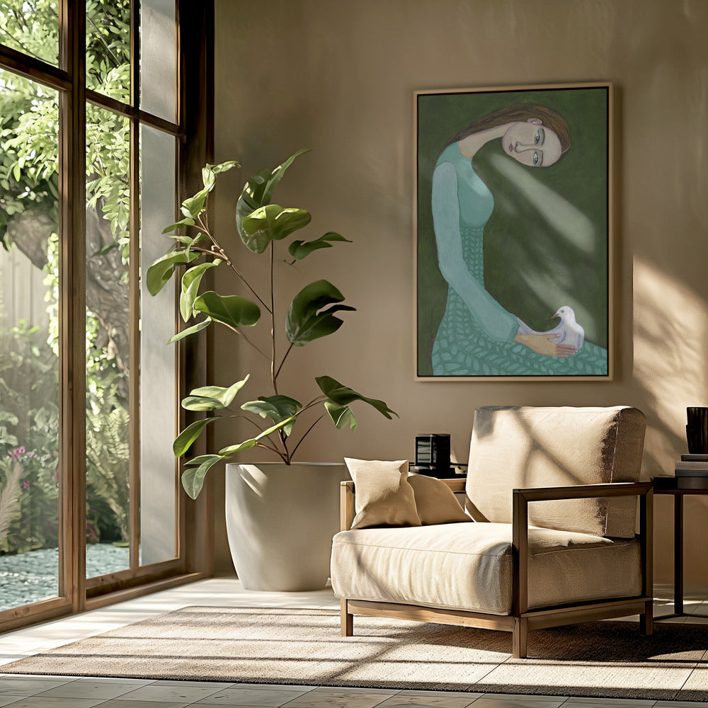 Lady sitting with white dove bird woman | Poster