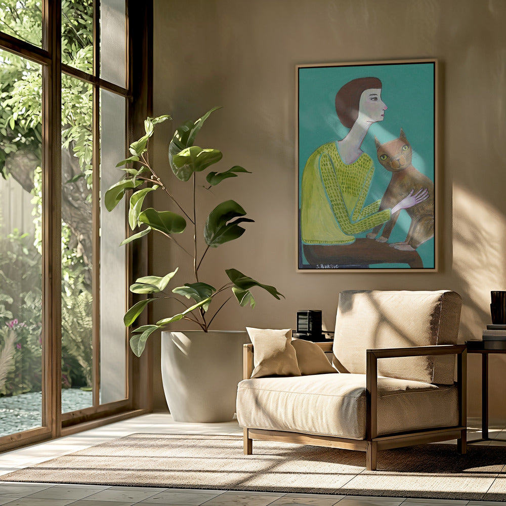 Lady Sitting with Brown Cat Cat Lover | Poster