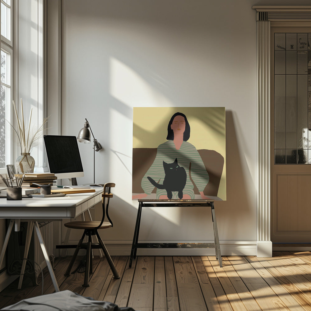 Lady sitting with black cat. | Canvas