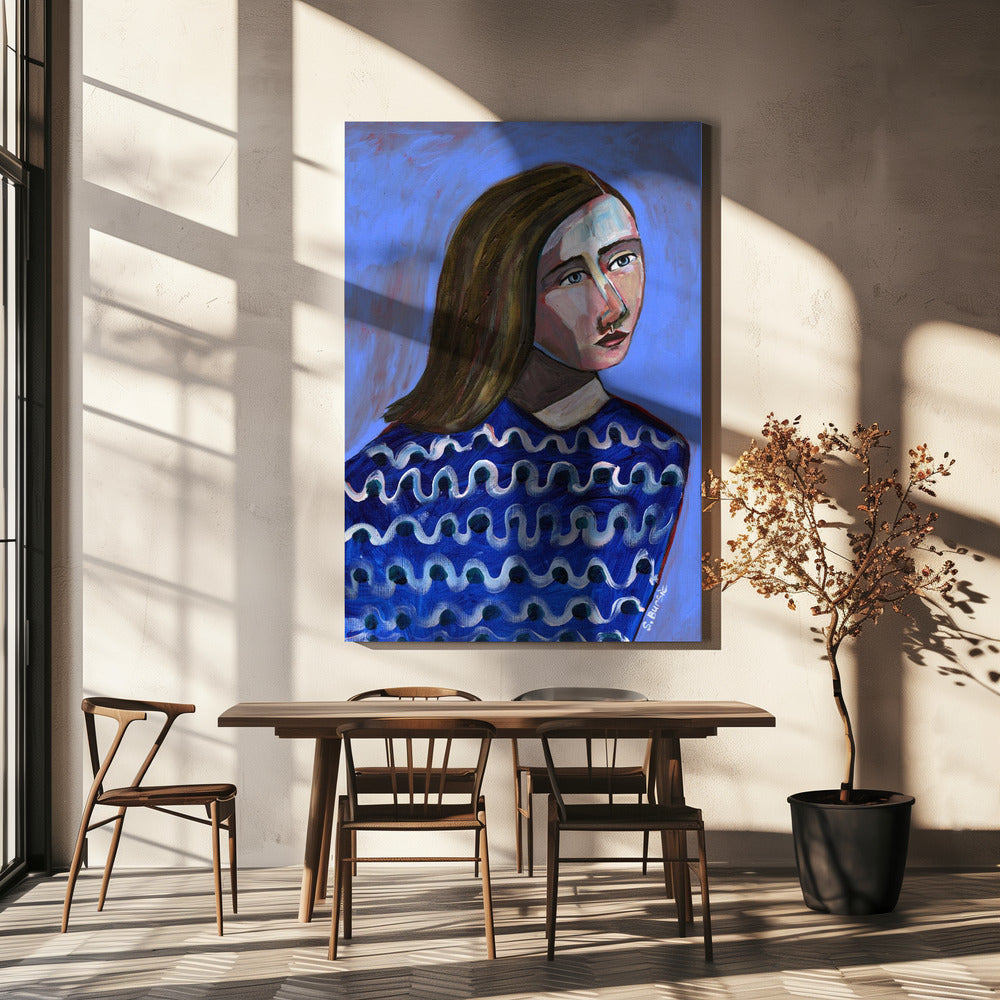 Woman in Blue Sweater Naive Portrait Figurative | Canvas