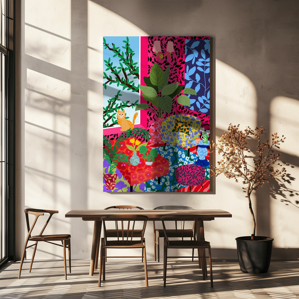 Cat in Flower Power Livingroom | Canvas