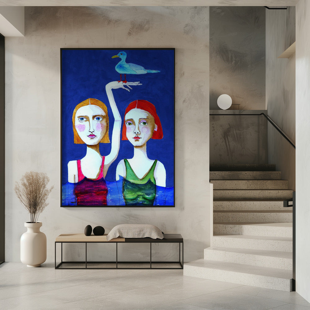 Swimming Ladies with Blue Bird | Poster