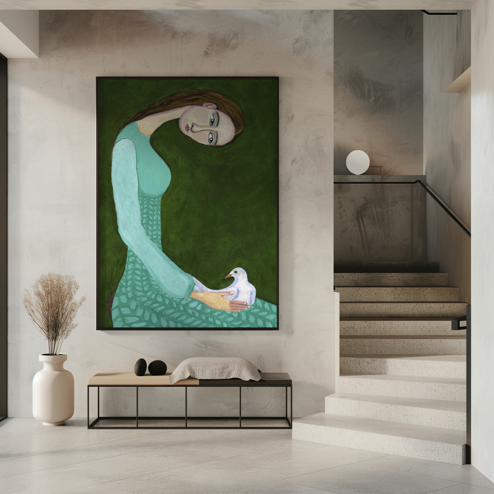 Lady sitting with white dove bird woman | Poster