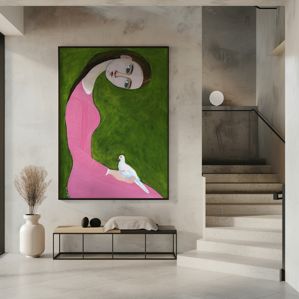 Girl with Dove sitting with pink dress | Poster