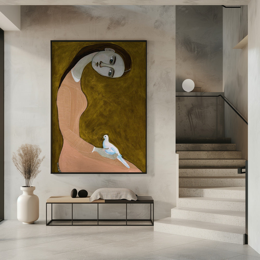 Girl with Dove sitting with pink dress | Poster