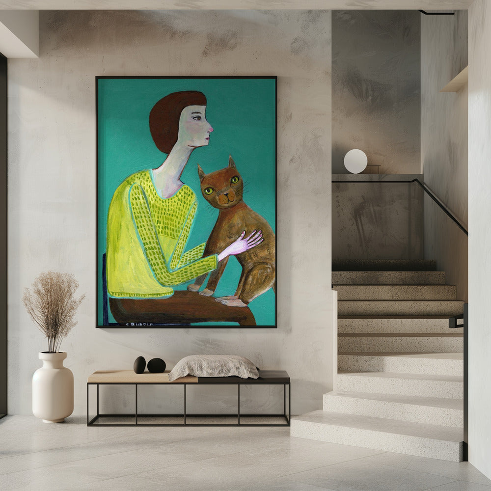 Lady Sitting with Brown Cat Cat Lover | Poster