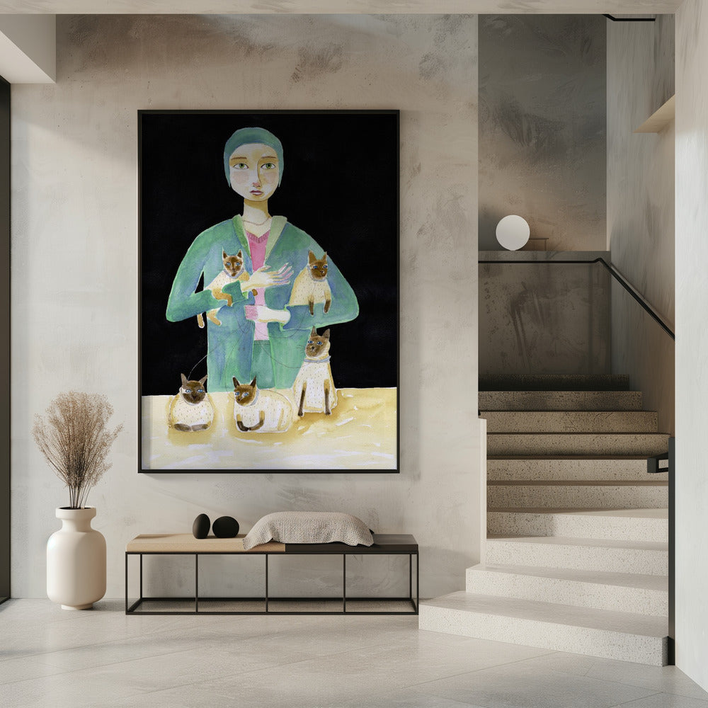 Lady with Five Siamese Cats | Poster