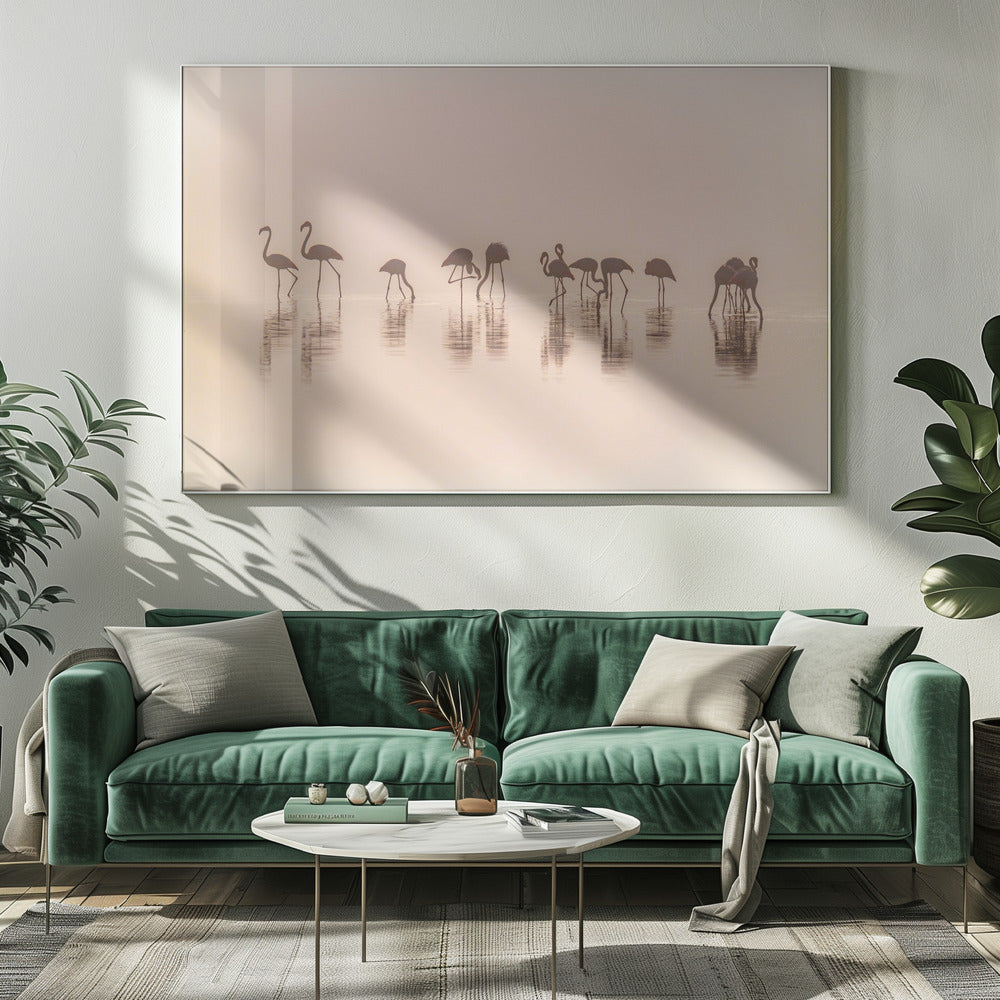 Flamingos in the mist | Canvas