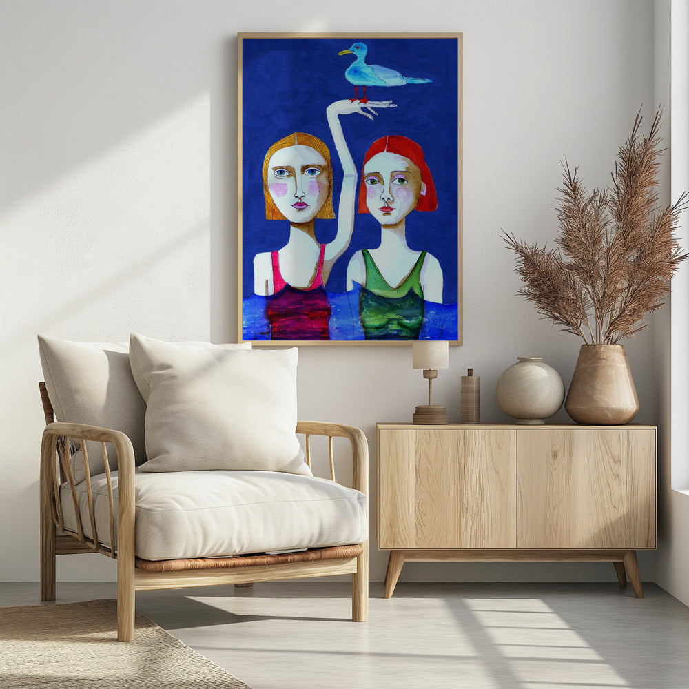 Swimming Ladies with Blue Bird | Poster