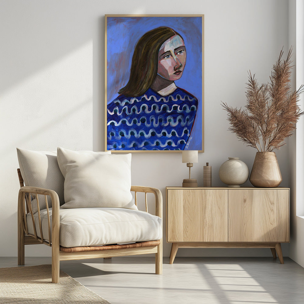 Woman in Blue Sweater Naive Portrait Figurative | Poster
