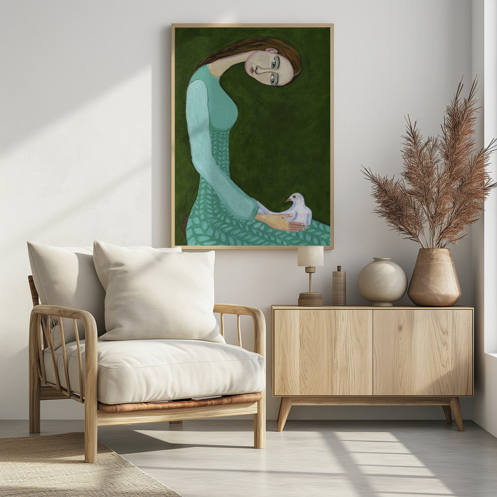 Lady sitting with white dove bird woman | Poster