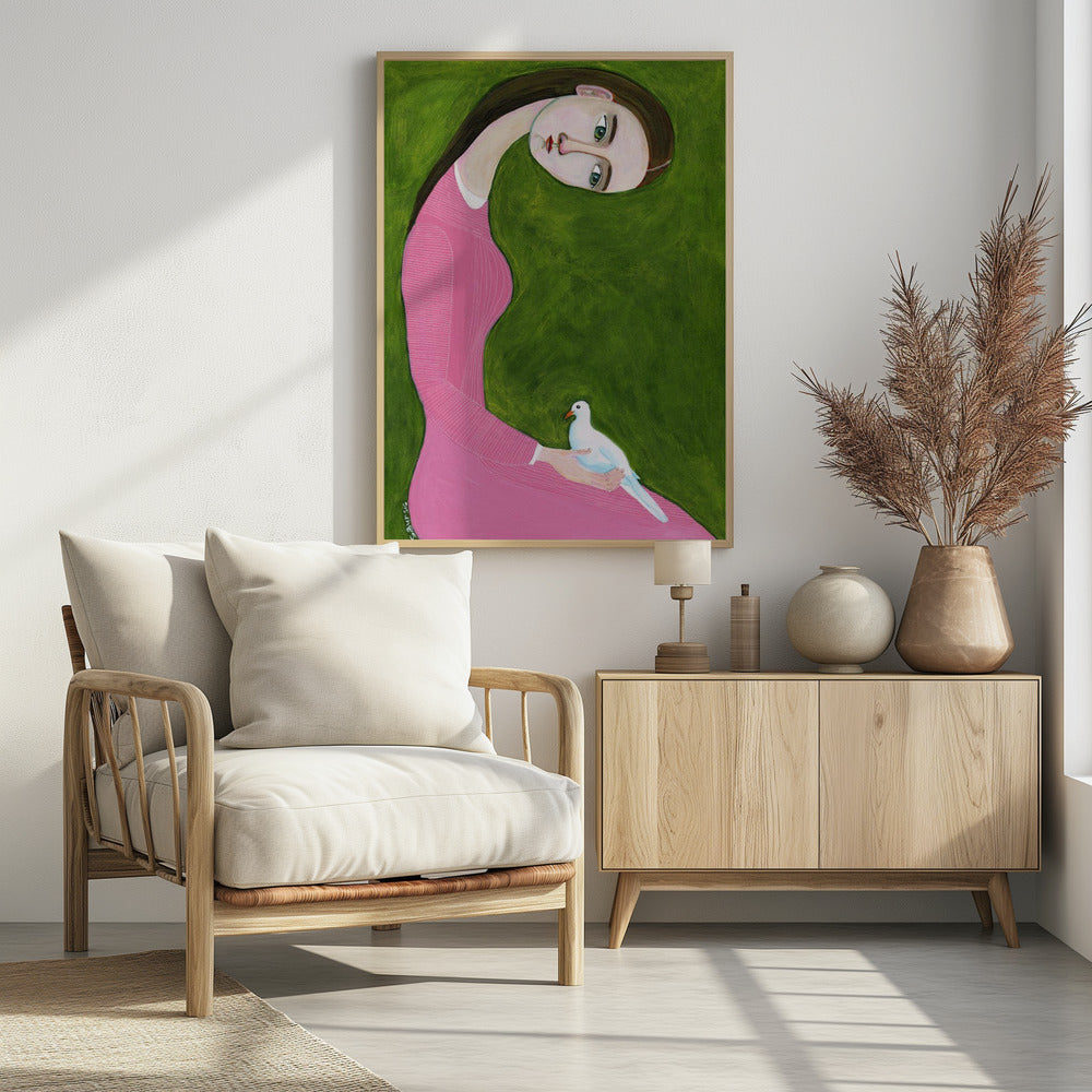 Girl with Dove sitting with pink dress | Poster