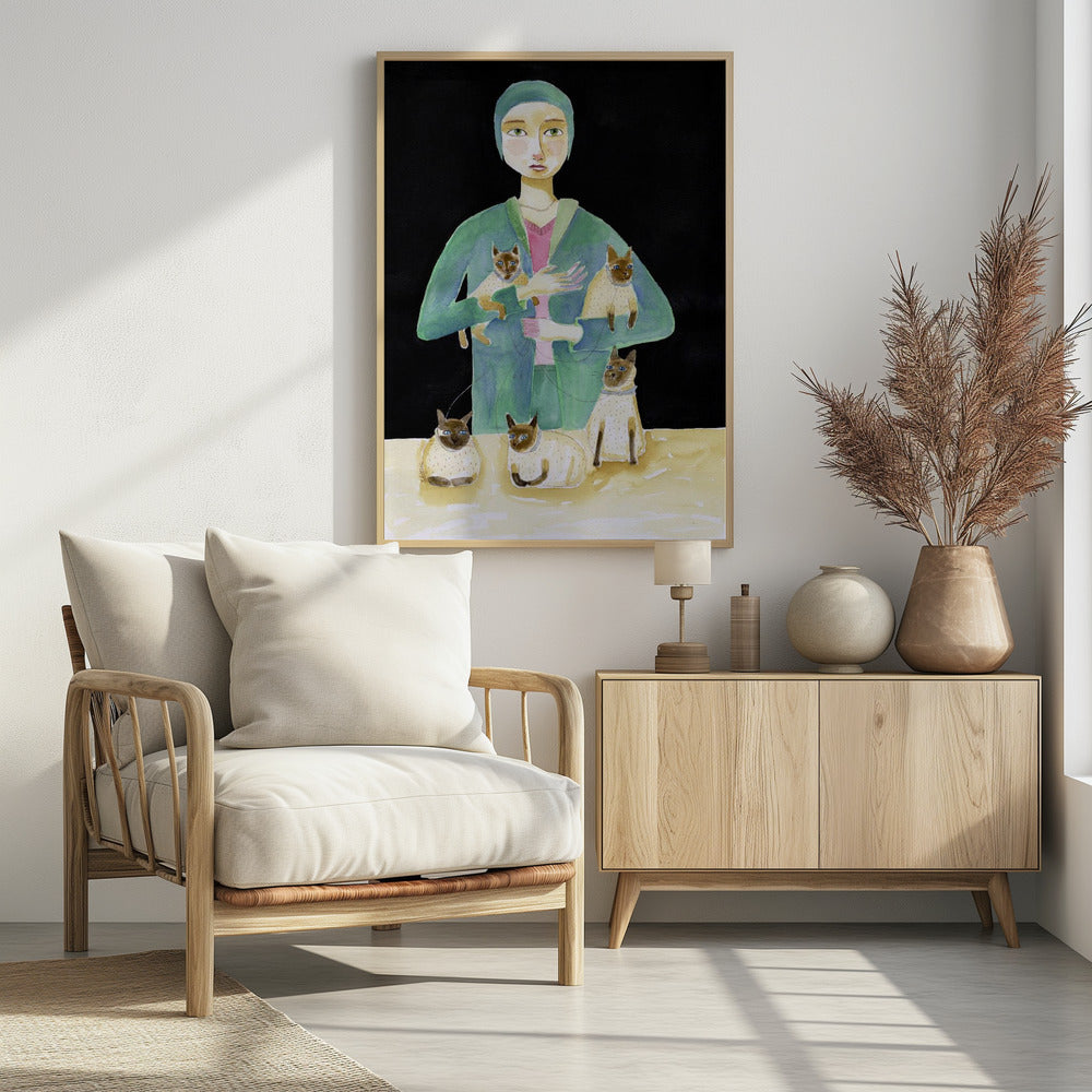 Lady with Five Siamese Cats | Poster