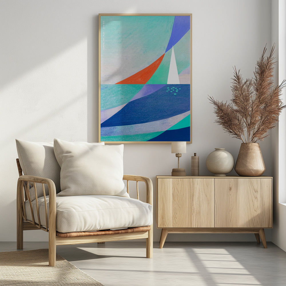 Abstract Ocean Art With Minimalist White Sailboat On The Sea | Poster