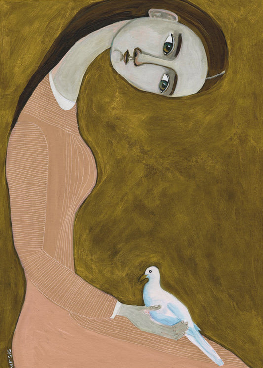 Girl with Dove sitting with pink dress | Poster